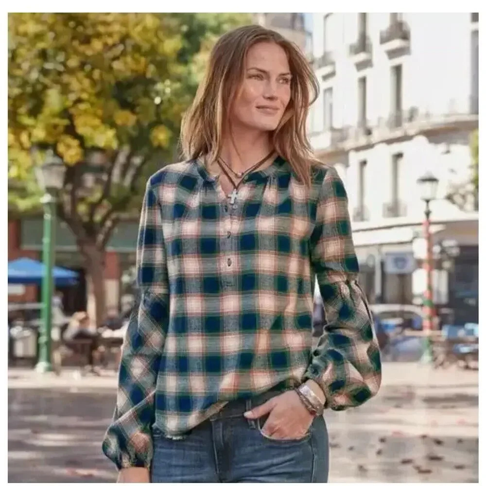Sundance Dreamer Plaid Henley Raw Hem Flannel Top Size Medium